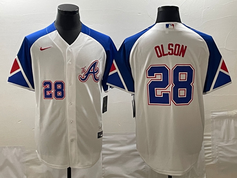 Men's Atlanta Braves #28 Matt Olson White 2023 City Connect Cool Base With Patch Stitched Baseball Jersey